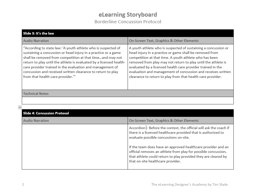 Tables with text describing elements to use in a Rise microlearning project.